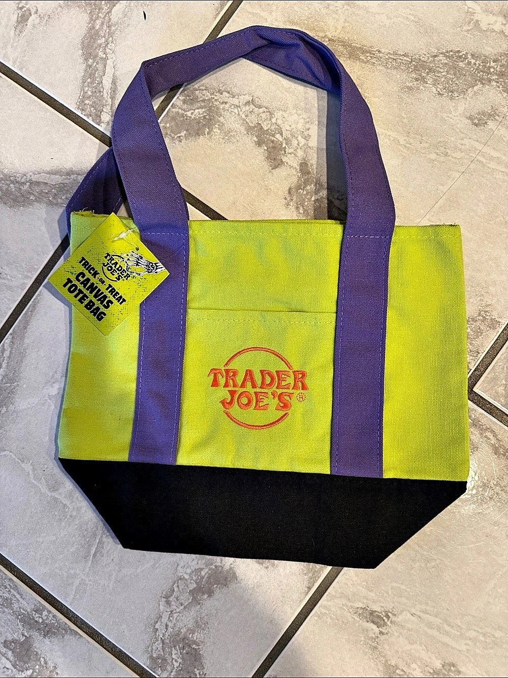 Trader Joe's Trick-or-Treat Mini Canvas Tote Bag Green & Purple